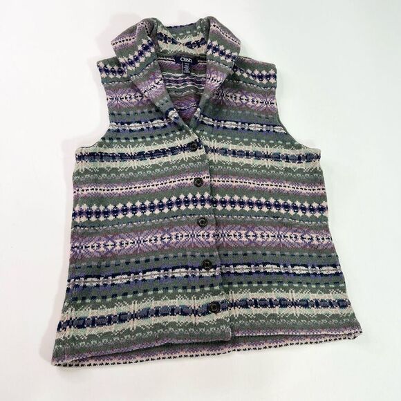 Chaps Sweater Vest Women Medium Button Up Fair Isle Grant Grandma Cozy Canincore - Picture 1 of 10